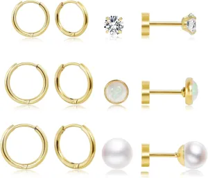 Dainty 6 Pairs Surgical Steel Earrings Sets for Multiple Piercing, Lightweight 14K Gold Plated Small Huggie Hoop Earrings, Flat Back Tiny Ball CZ Stud Earrings for Cartilage, Helix, Lobe, Hypoallergenic