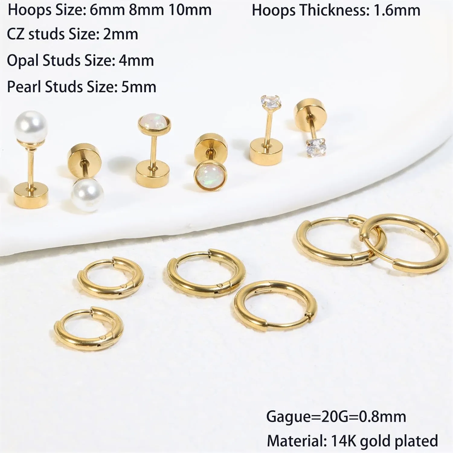 Dainty 6 Pairs Surgical Steel Earrings Sets for Multiple Piercing, Lightweight 14K Gold Plated Small Huggie Hoop Earrings, Flat Back Tiny Ball CZ Stud Earrings for Cartilage, Helix, Lobe, Hypoallergenic