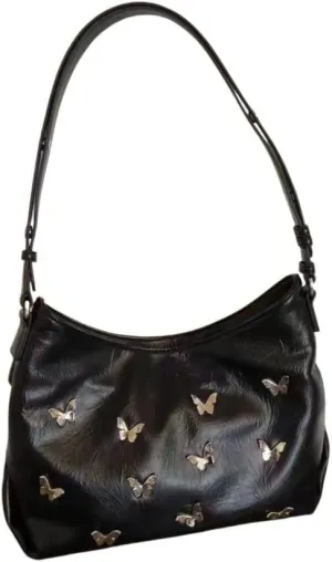 Dark Fairycore PU Leather Shoulder Purse Metal Sliver Butterfly Nails Glossy Black Goth Hobo Bag Crossbody Bag for Women
