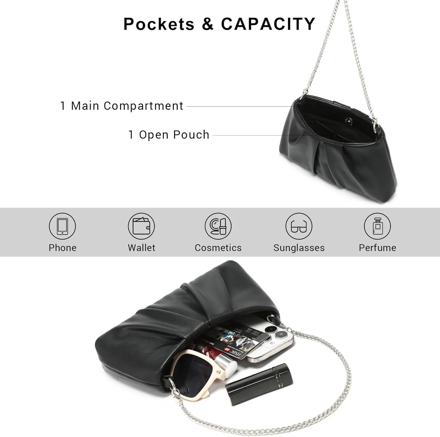 Dasein Elegant Pleated Evening Bag Soft Vegan Leather Clutch Purse Dressy Formal Handbag with 2 Chain Straps for Women