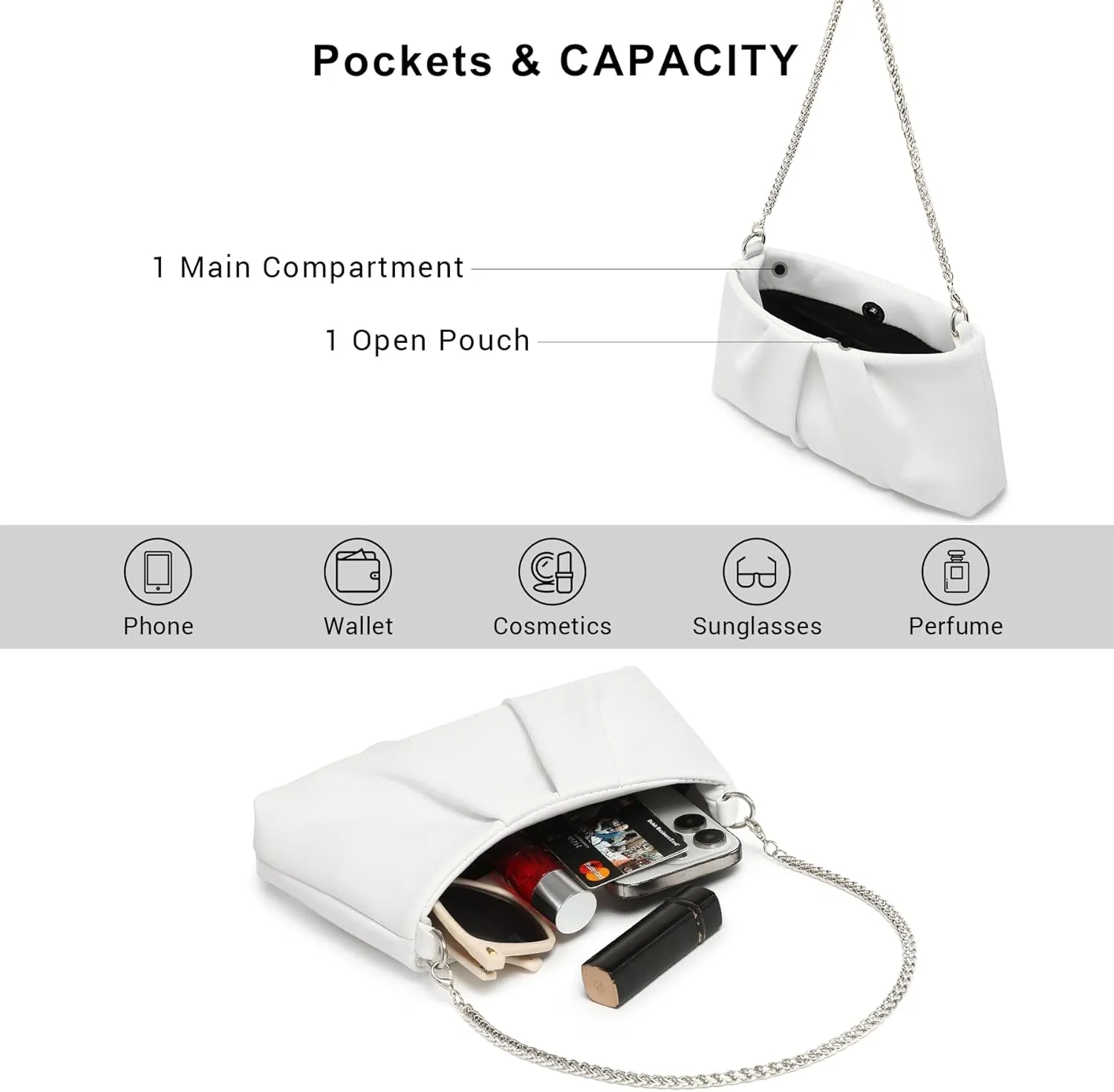 Dasein Elegant Pleated Evening Bag Soft Vegan Leather Clutch Purse Dressy Formal Handbag with 2 Chain Straps for Women