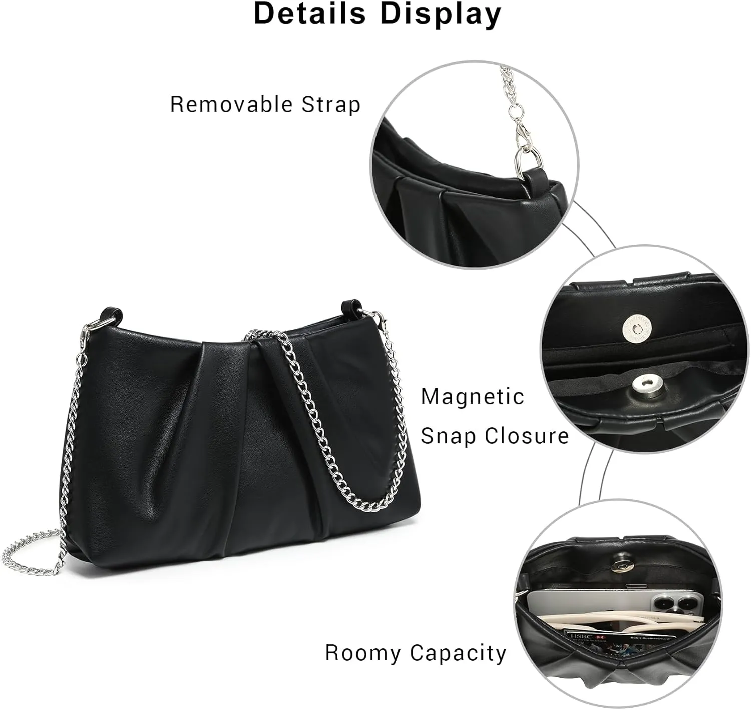 Dasein Elegant Pleated Evening Bag Soft Vegan Leather Clutch Purse Dressy Formal Handbag with 2 Chain Straps for Women