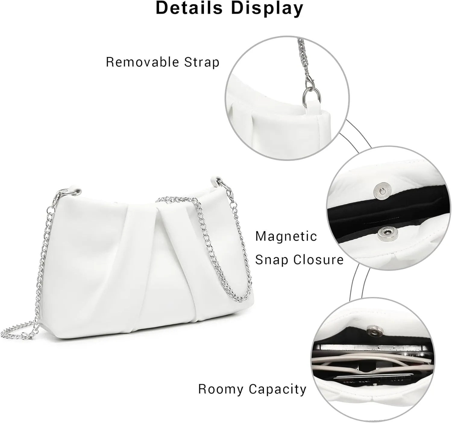 Dasein Elegant Pleated Evening Bag Soft Vegan Leather Clutch Purse Dressy Formal Handbag with 2 Chain Straps for Women
