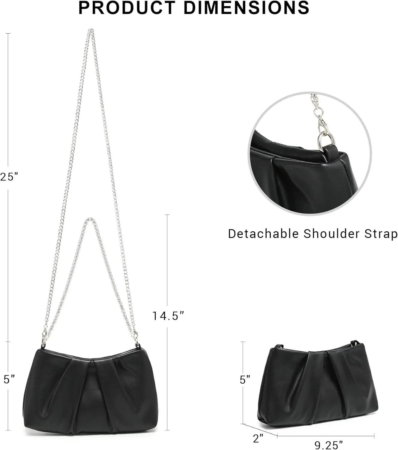Dasein Elegant Pleated Evening Bag Soft Vegan Leather Clutch Purse Dressy Formal Handbag with 2 Chain Straps for Women