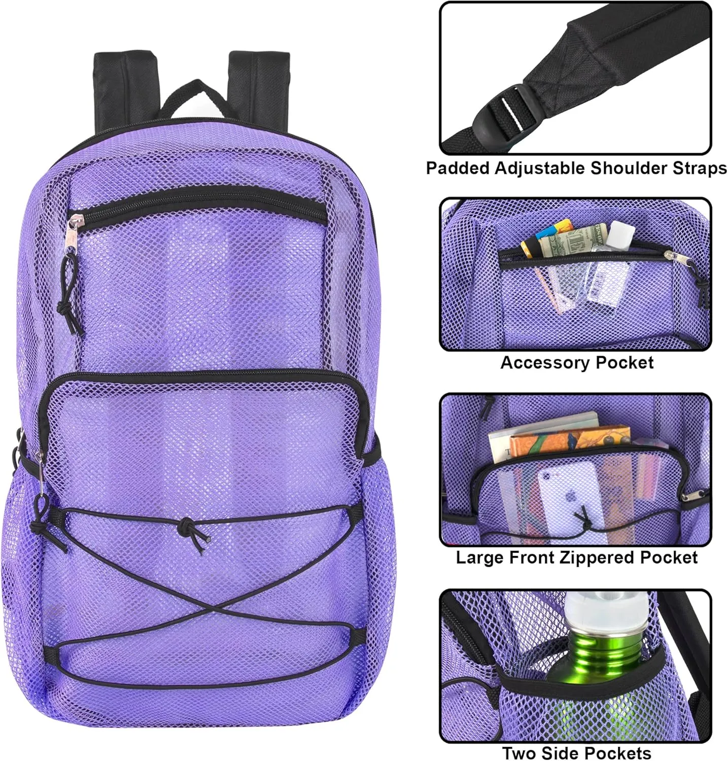 Deluxe See Through Mesh Backpack with Bungee Cord & Adjustable Padded Straps for Swimming, Travel (Lavender)