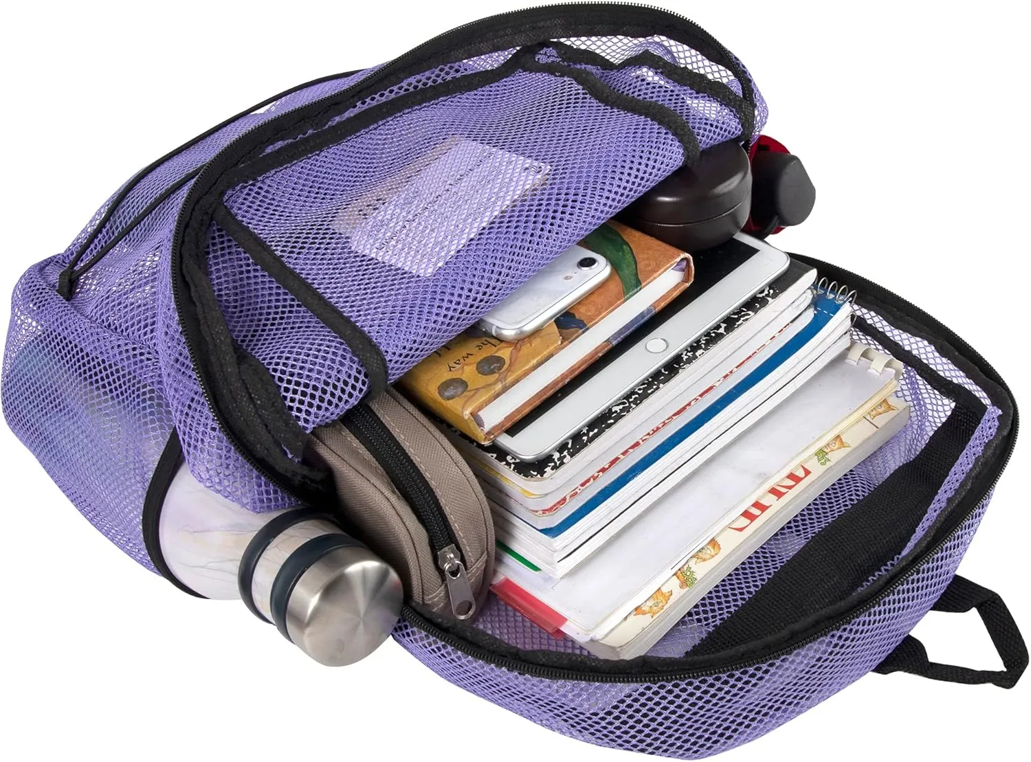 Deluxe See Through Mesh Backpack with Bungee Cord & Adjustable Padded Straps for Swimming, Travel (Lavender)