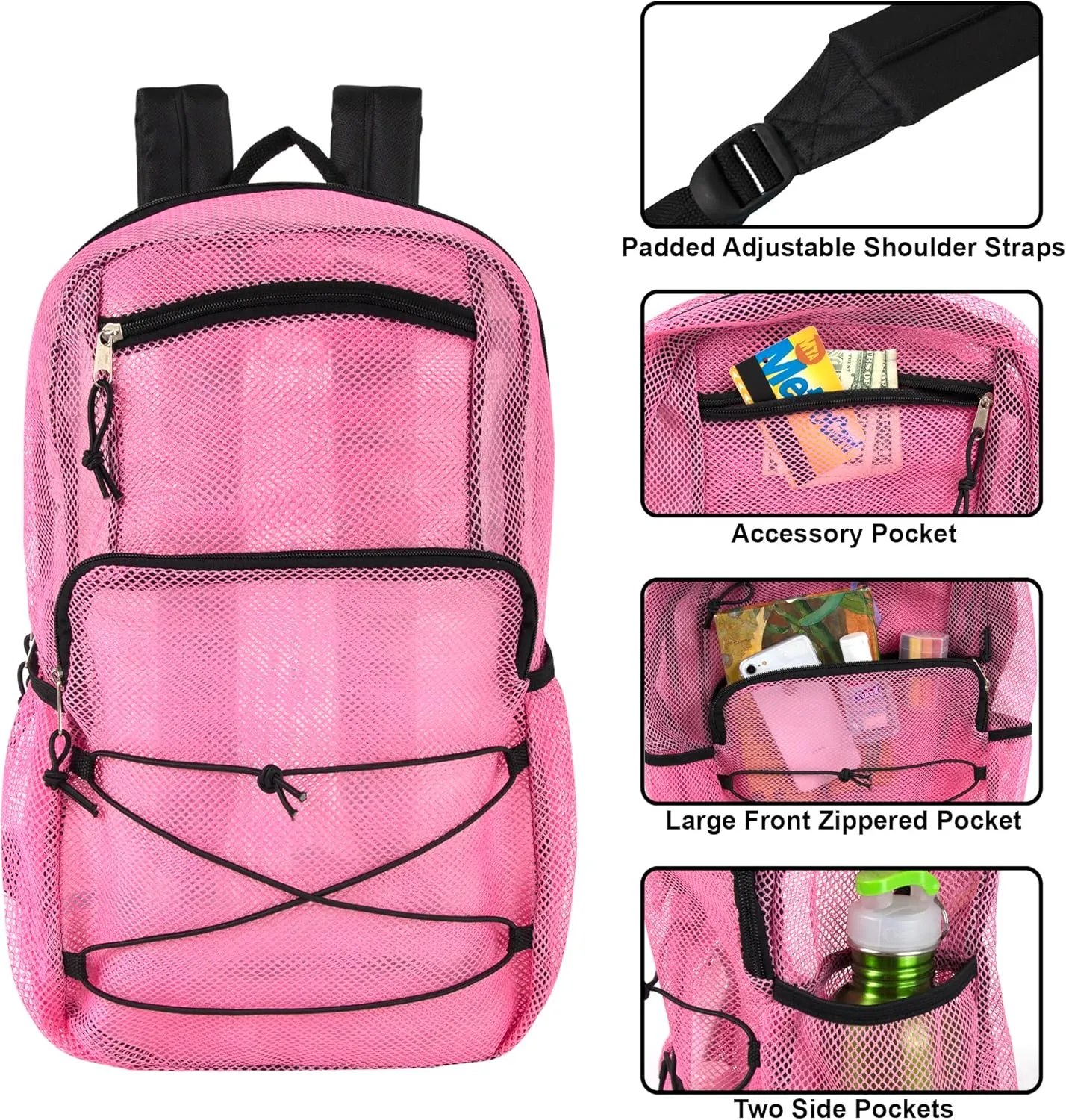 Deluxe See Through Mesh Backpack with Bungee Cord & Adjustable Padded Straps for Swimming, Travel (Pink)