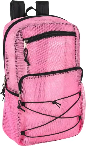 Deluxe See Through Mesh Backpack with Bungee Cord & Adjustable Padded Straps for Swimming, Travel (Pink)
