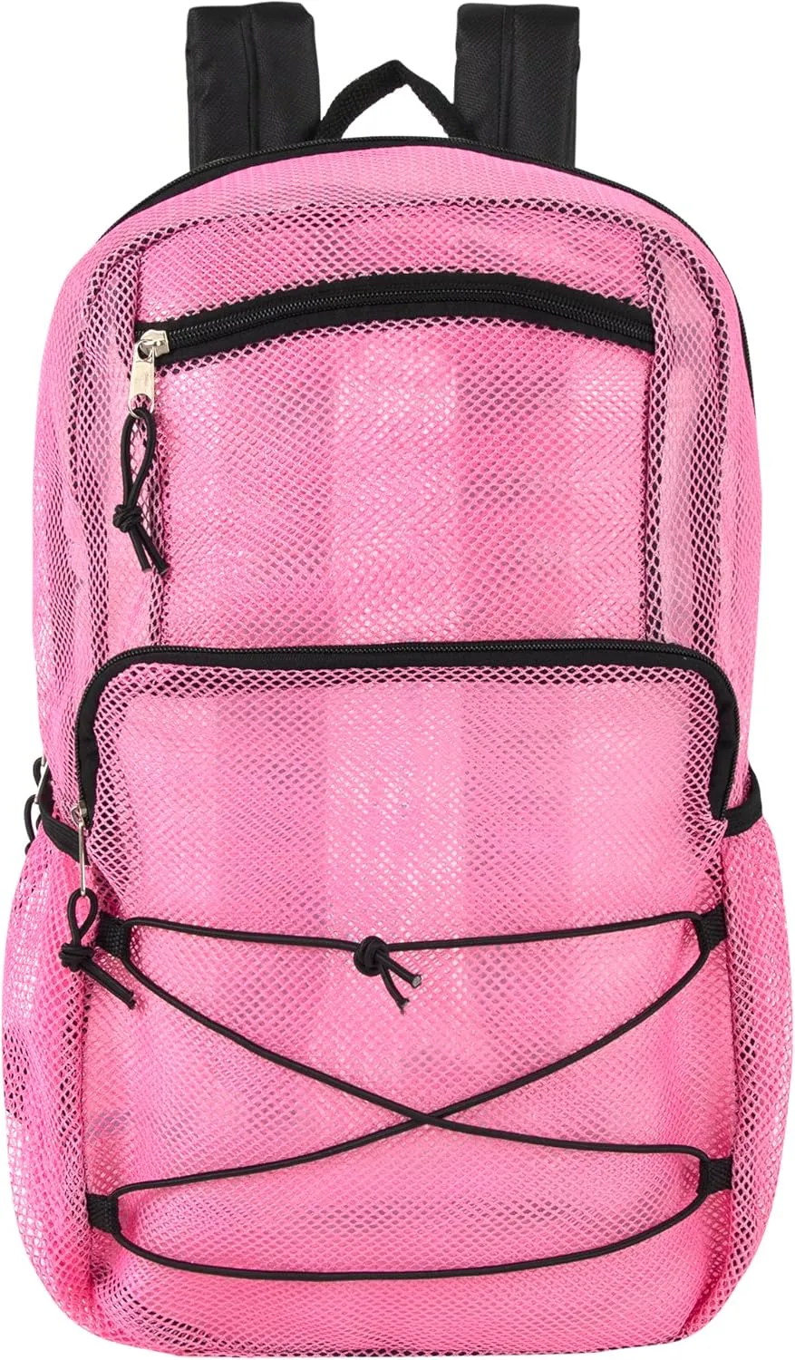 Deluxe See Through Mesh Backpack with Bungee Cord & Adjustable Padded Straps for Swimming, Travel (Pink)