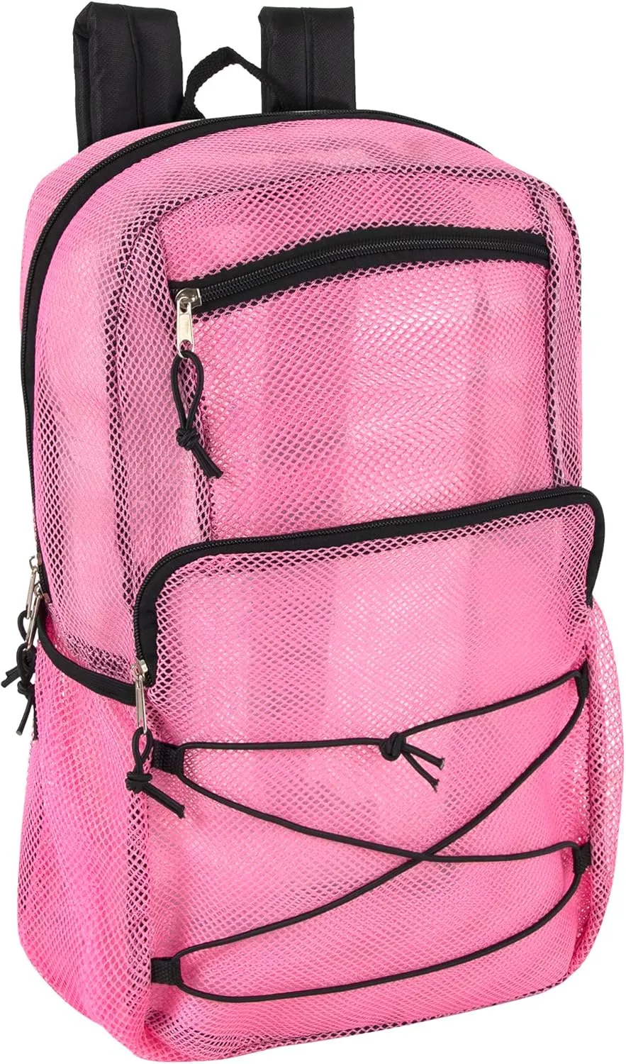 Deluxe See Through Mesh Backpack with Bungee Cord & Adjustable Padded Straps for Swimming, Travel (Pink)