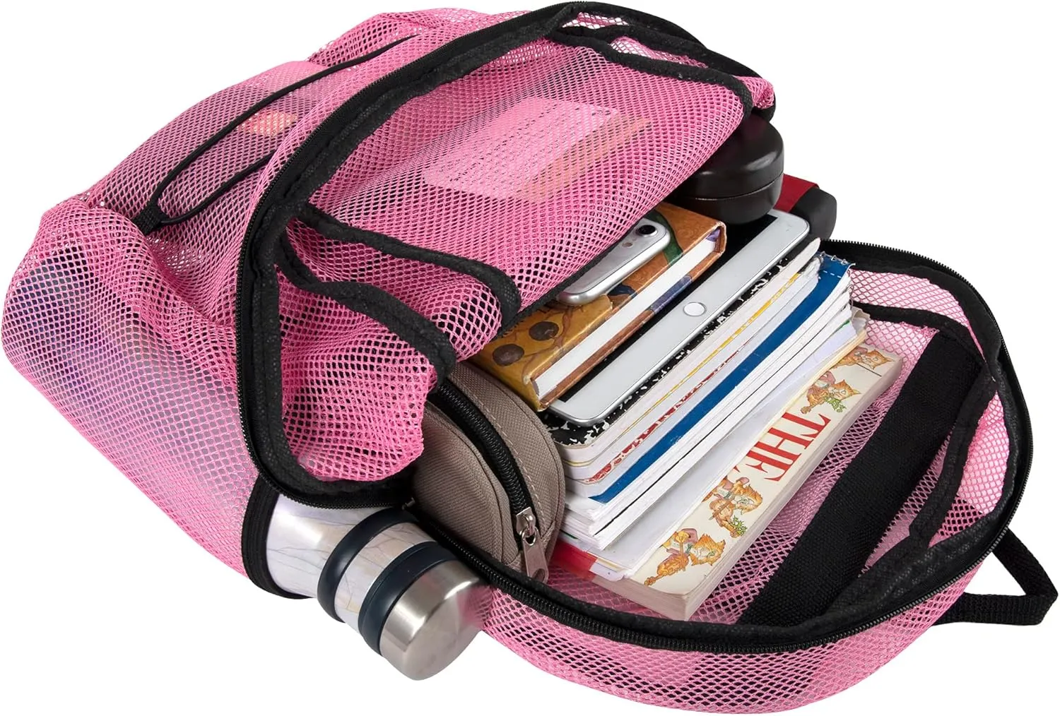 Deluxe See Through Mesh Backpack with Bungee Cord & Adjustable Padded Straps for Swimming, Travel (Pink)