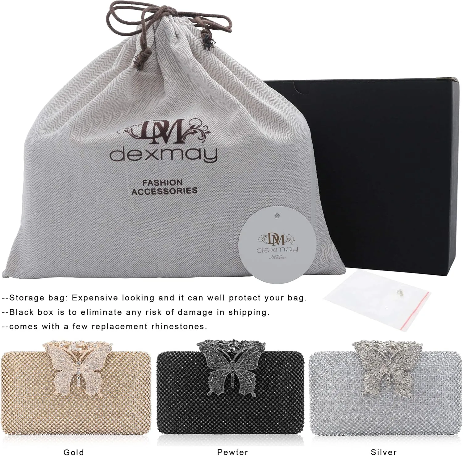 Dexmay Rhinestone Clutch Bag with Crystal Butterfly Clasp Women Evening Handbag Formal Party Purse