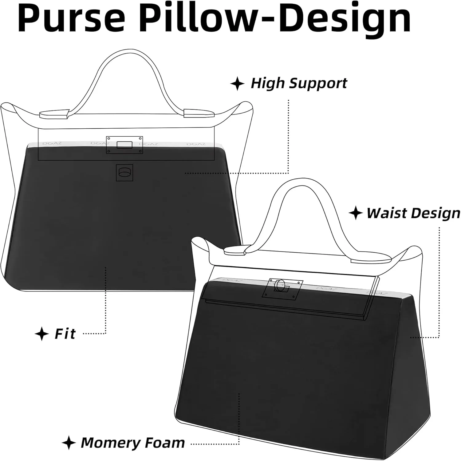 DGAZ Bag Pillow Shaper Insert for Luxury Handbags, Silky Pillow Shaper for Hermes 24/24-mini Bags(Black,2424-mini)