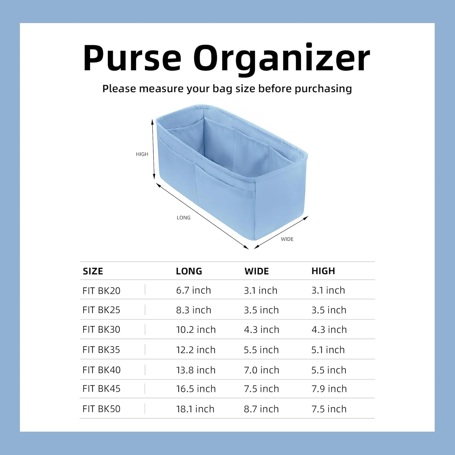 DGAZ Purse Organizer Silky Smooth Fits Birkin 20/25/30/35/40/45/50 Bags,Silk,Luxury Handbag Tote in Bag Shapers, Women(Azure,BK25)