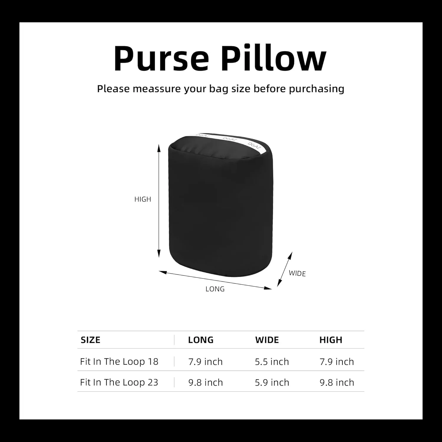 DGAZ Purse Pillow Insert for Hermes In the loop bags, Memory Foam, Silky Pillow Shaper for Luxury Handbags(Black,In the loop18)