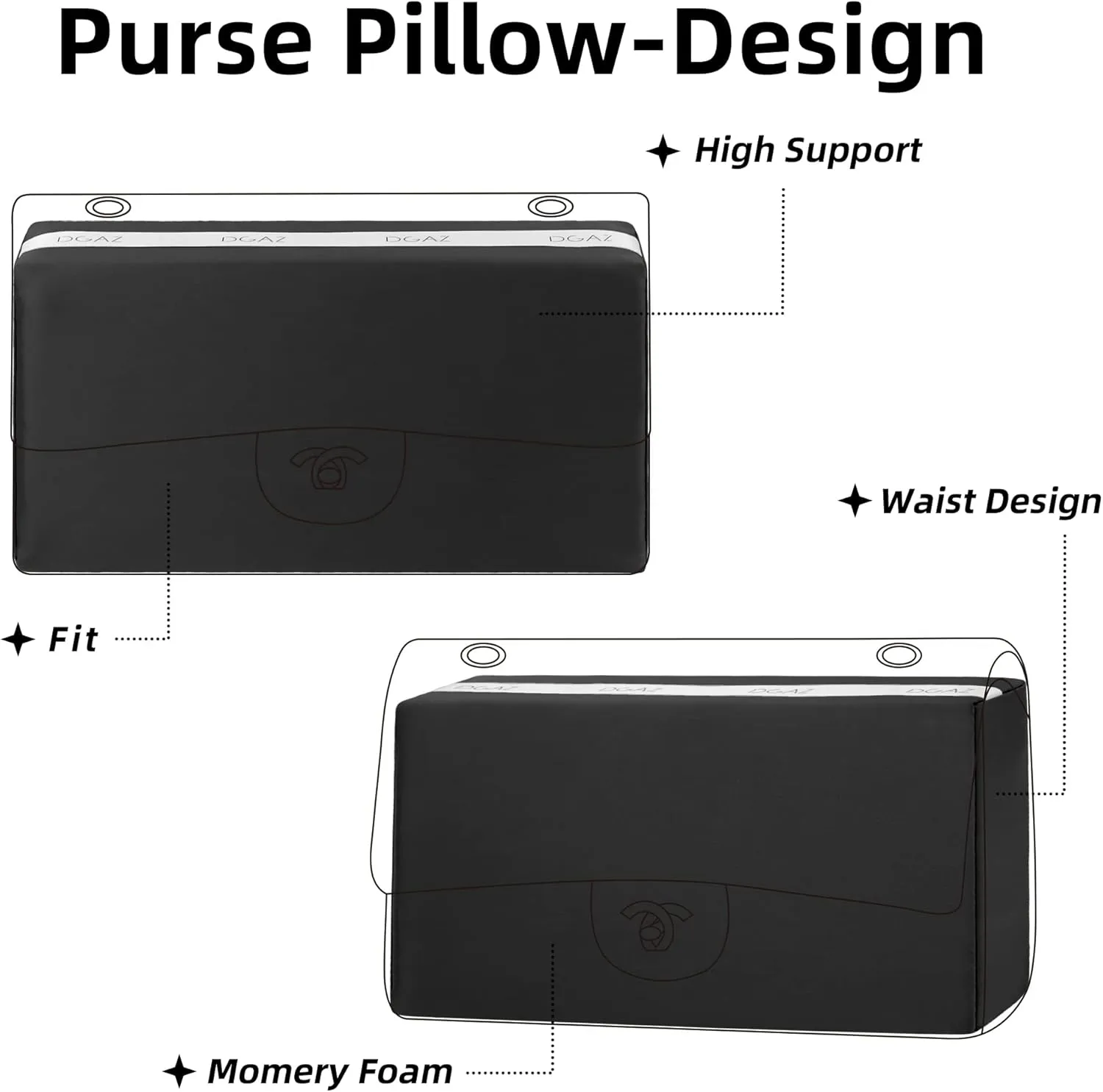 DGAZ Purse Pillow Shaper Insert for Chanel CF Bags, Silky Pillow Shaper for Luxury Handbags（Black, Medium 25）