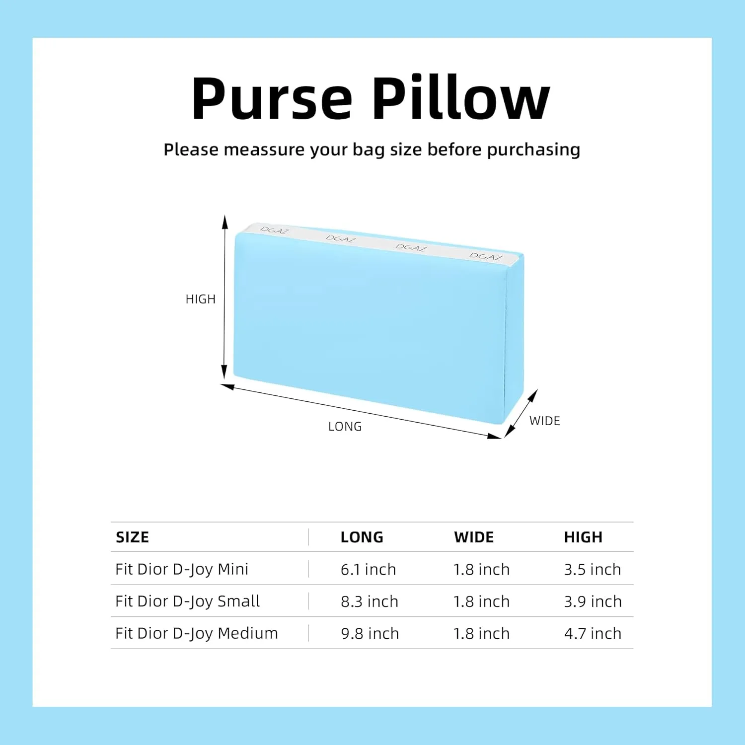 DGAZ Purse Pillow Shaper Insert for Dior D-joy Bag, Silky Pillow Shaper for Luxury Handbags(Candy Blue,Mini)