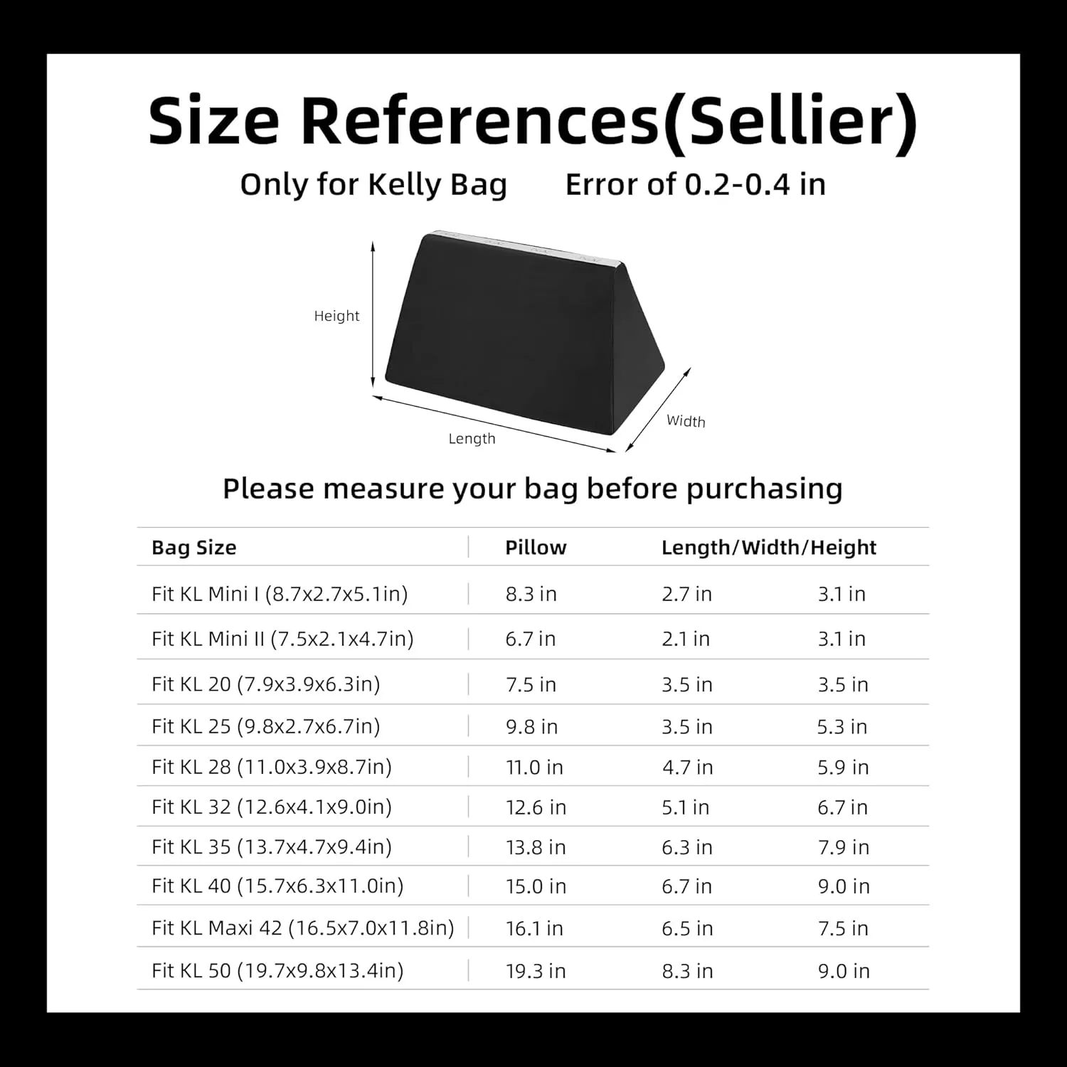 DGAZ Purse Pillow Shaper Insert for Hermes Kelly Bags, Silky Pillow Shaper for Luxury Handbags(Black,KL25 Sellier)