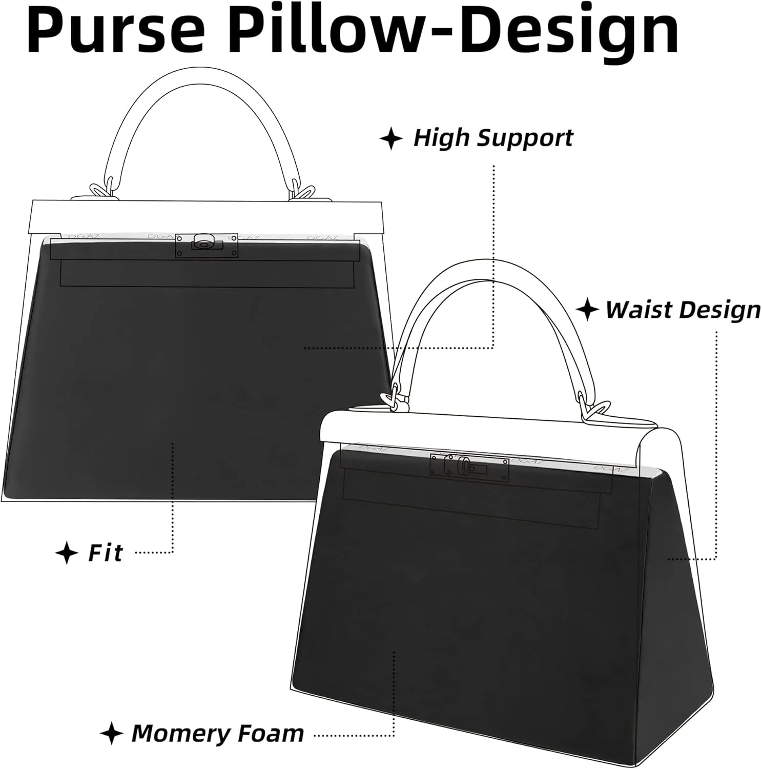 DGAZ Purse Pillow Shaper Insert for Hermes Kelly Bags, Silky Pillow Shaper for Luxury Handbags(Black,KL25 Sellier)