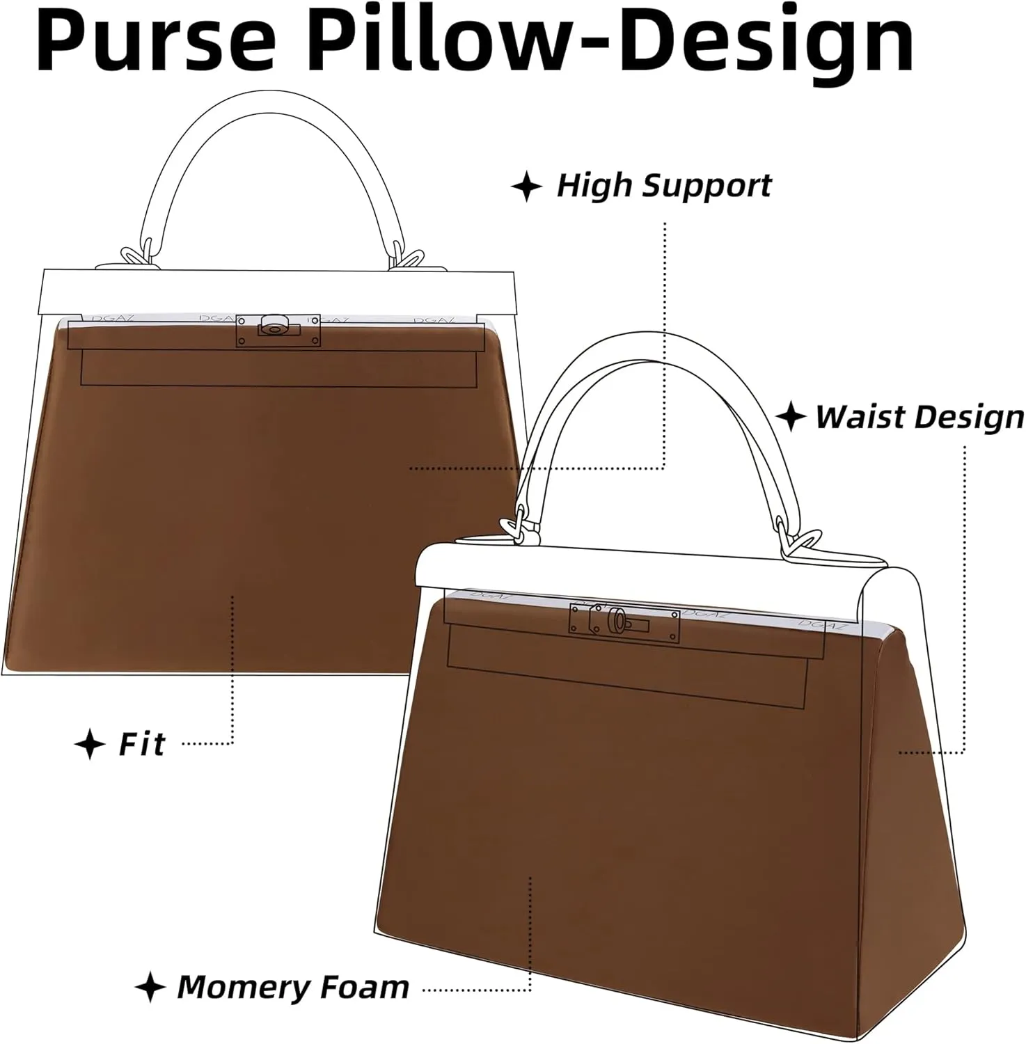 DGAZ Purse Pillow Shaper Insert for Hermes Kelly Bags, Silky Pillow Shaper for Luxury Handbags(Gold,KL25 Sellier)