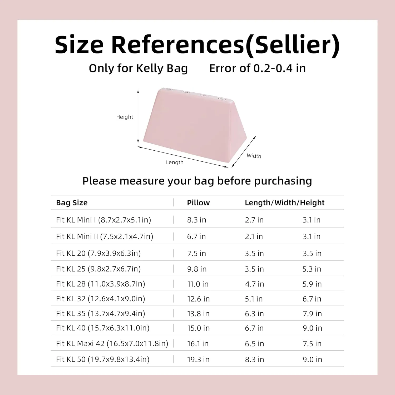 DGAZ Purse Pillow Shaper Insert for Hermes Kelly Bags, Silky Pillow Shaper for Luxury Handbags(Pink,KL25 Sellier)