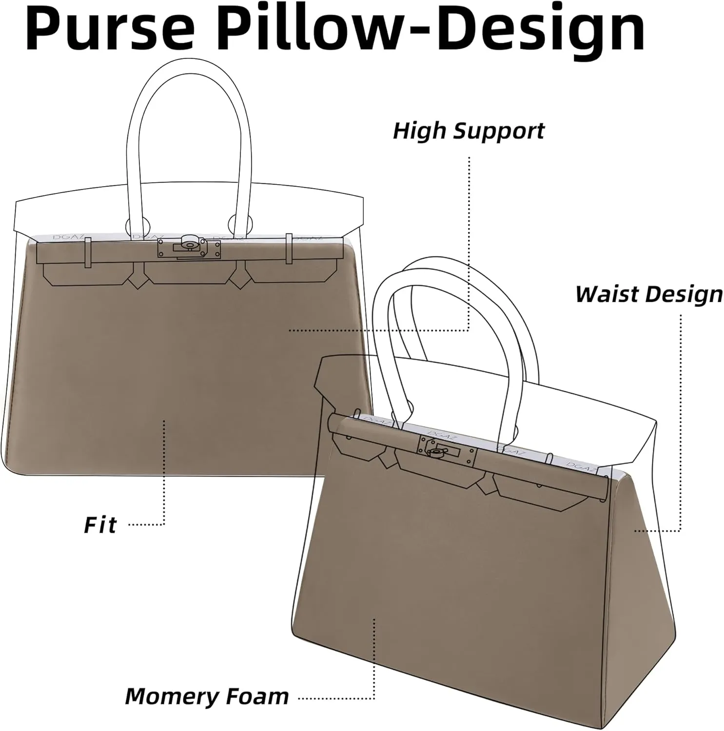 DGAZ Purse Pillow Shaper Insert,Luxury Handbag Tote Shapers, Memory Foam- Fits Birkin 20/25/30/35/40/45/50 Bag(Etoupe Grey,BK35)