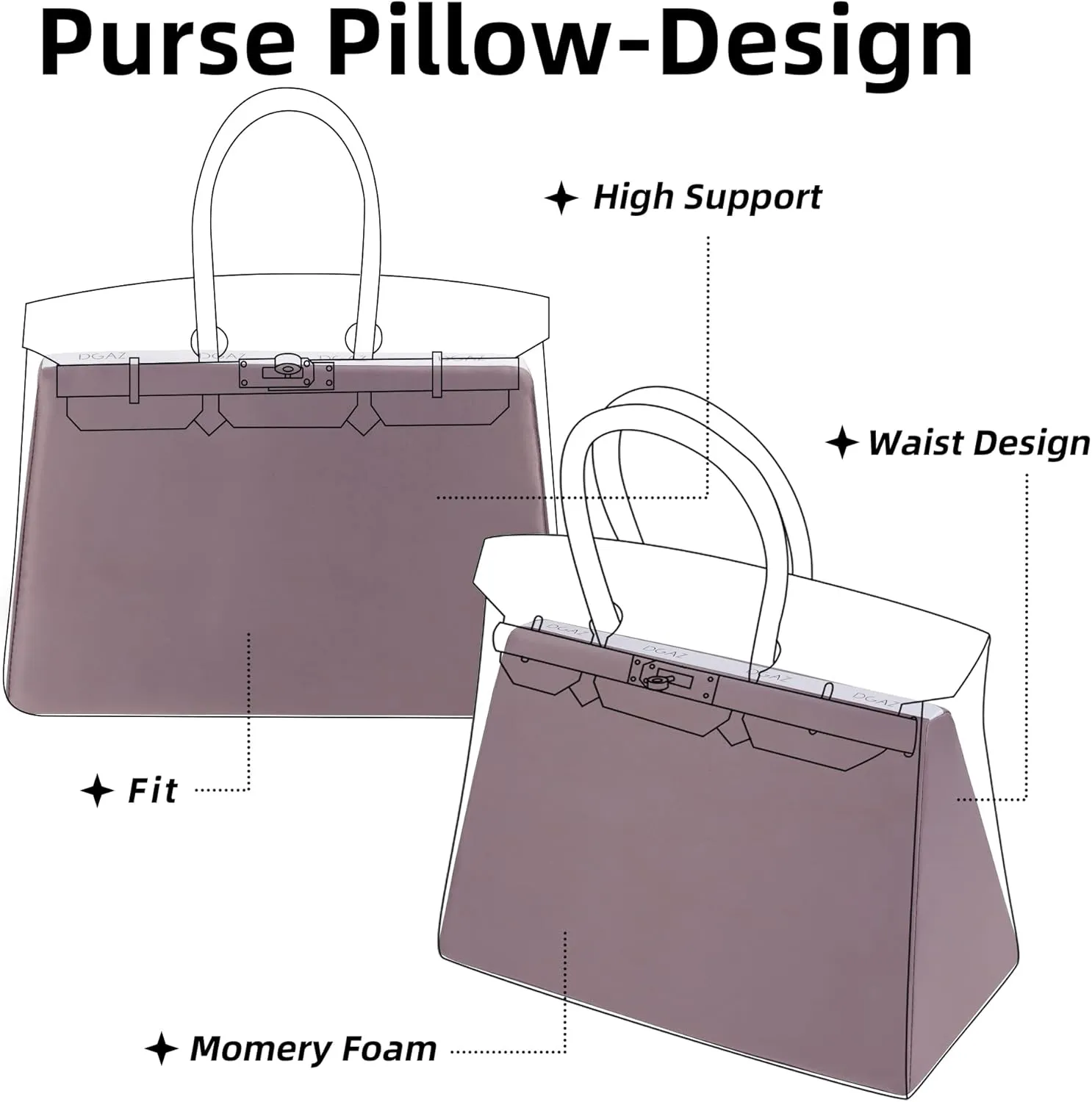DGAZ Purse Pillow Shaper Insert,Luxury Handbag Tote Shapers, Memory Foam- Fits Birkin 20/25/30/35/40/45/50 Bag(Konjac purple,BK20)
