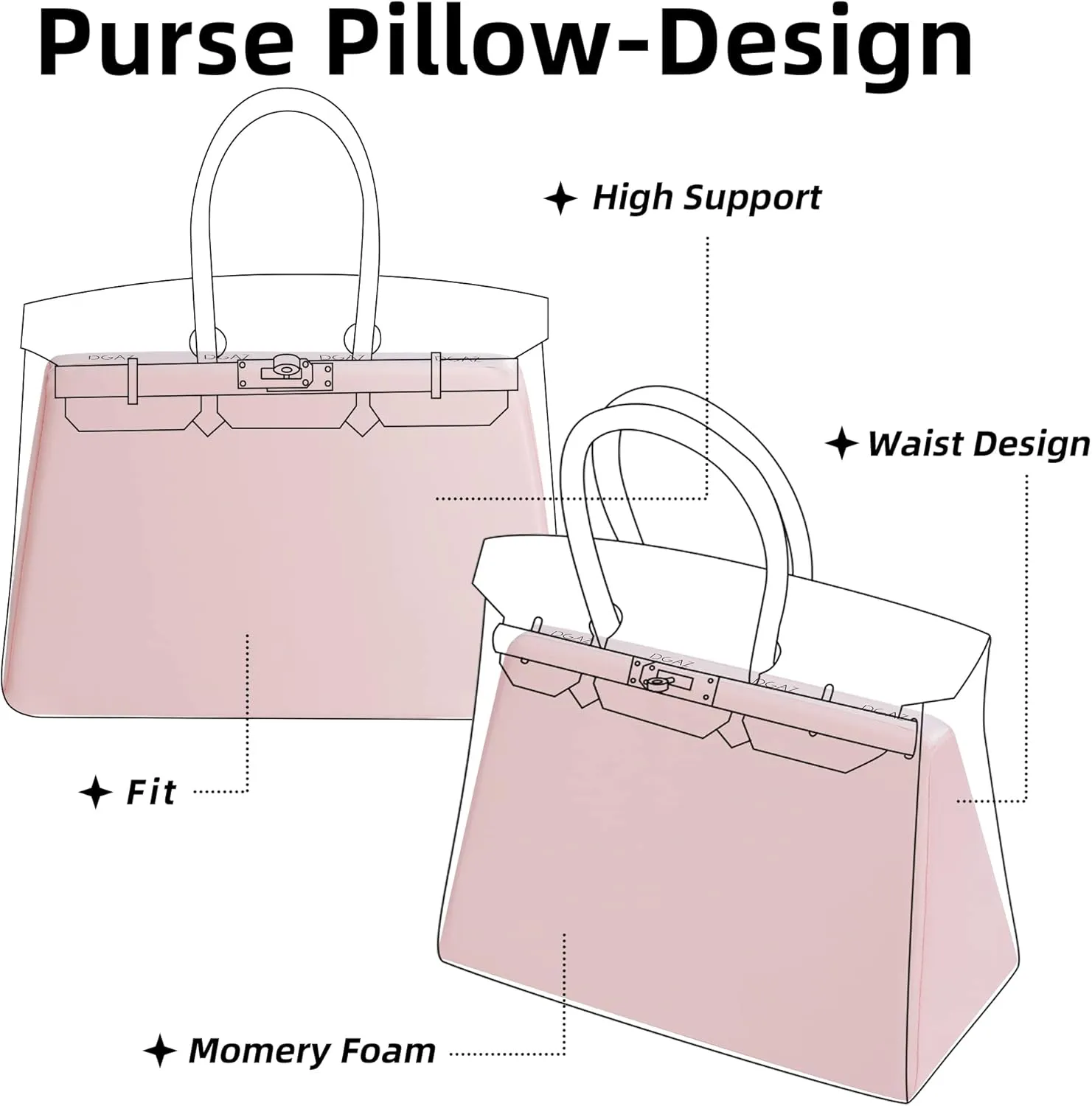 DGAZ Purse Pillow Shaper Insert,Luxury Handbag Tote Shapers, Memory Foam- Fits Birkin 25/30/35/40 Bag (Pink, BK25 Retourne)