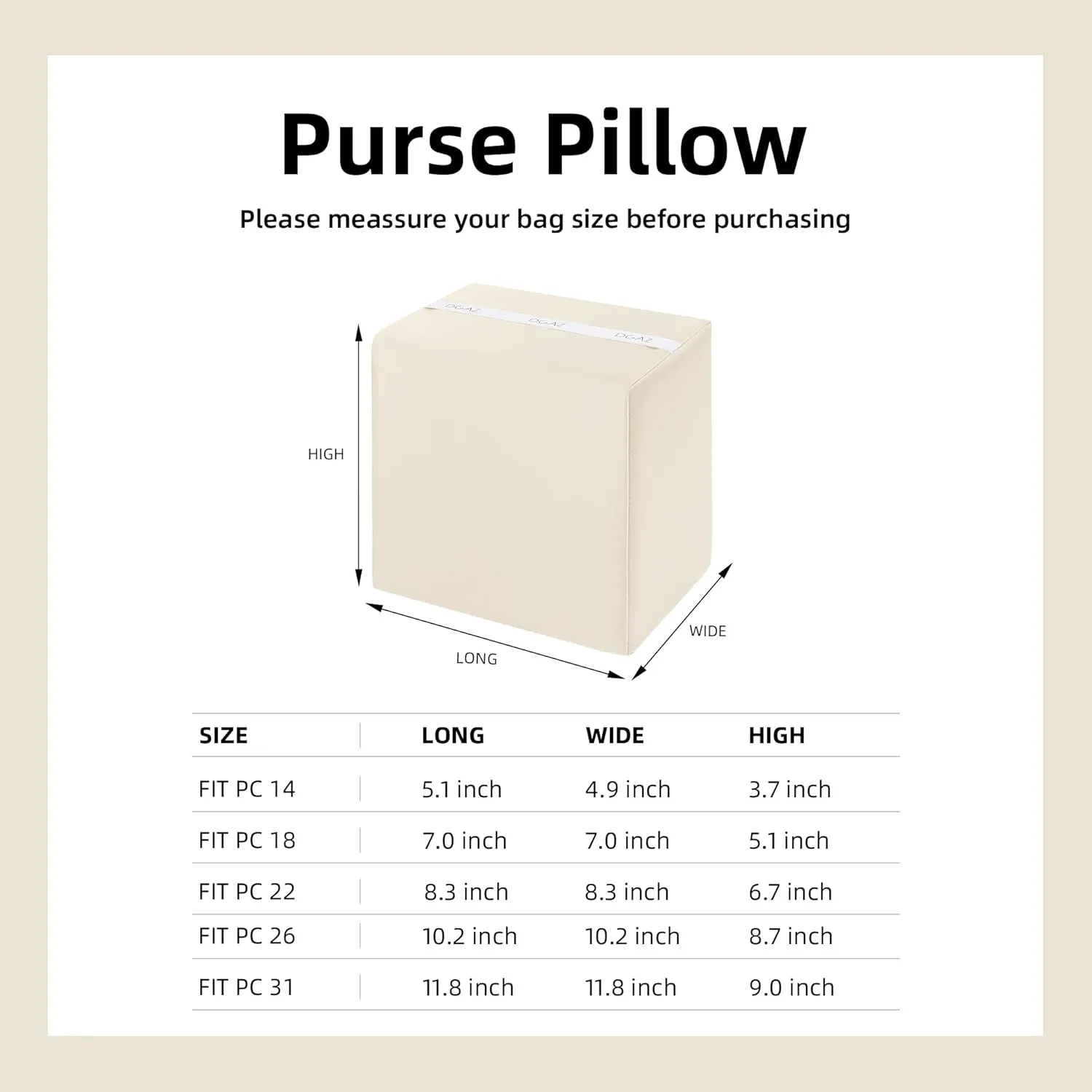DGAZ Purse Pillow Shaper Insert,Luxury Handbag Tote Shapers, Memory Foam- Fits picotin14/18/22/26/31Bags(Craie,PC22)