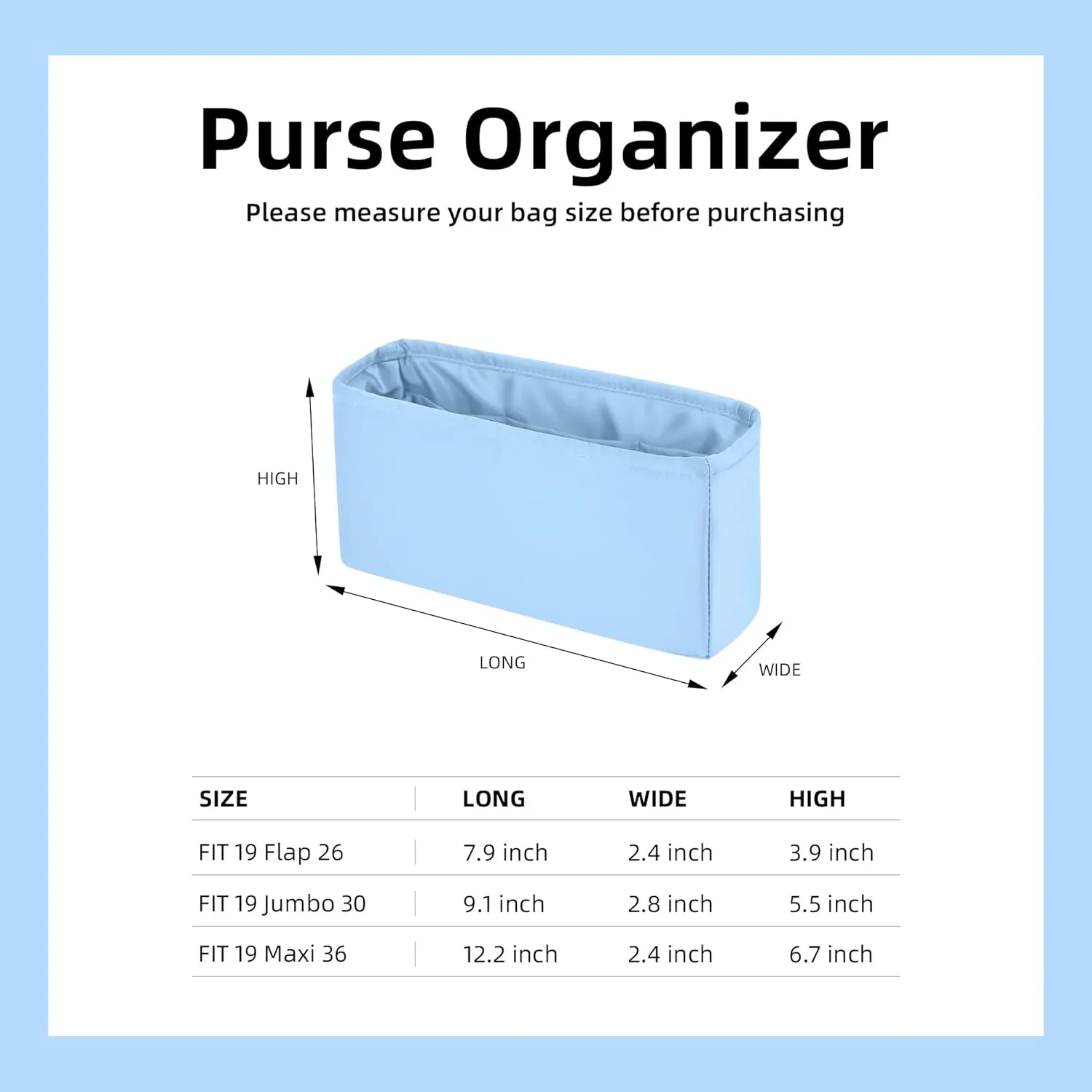 DGAZ Silk Purse Organizer Insert For Chanel 19 Bags,Silky Smooth Bag Organizer，Luxury Handbag & Tote Shaper(Candy Blue,19 Flap 26)