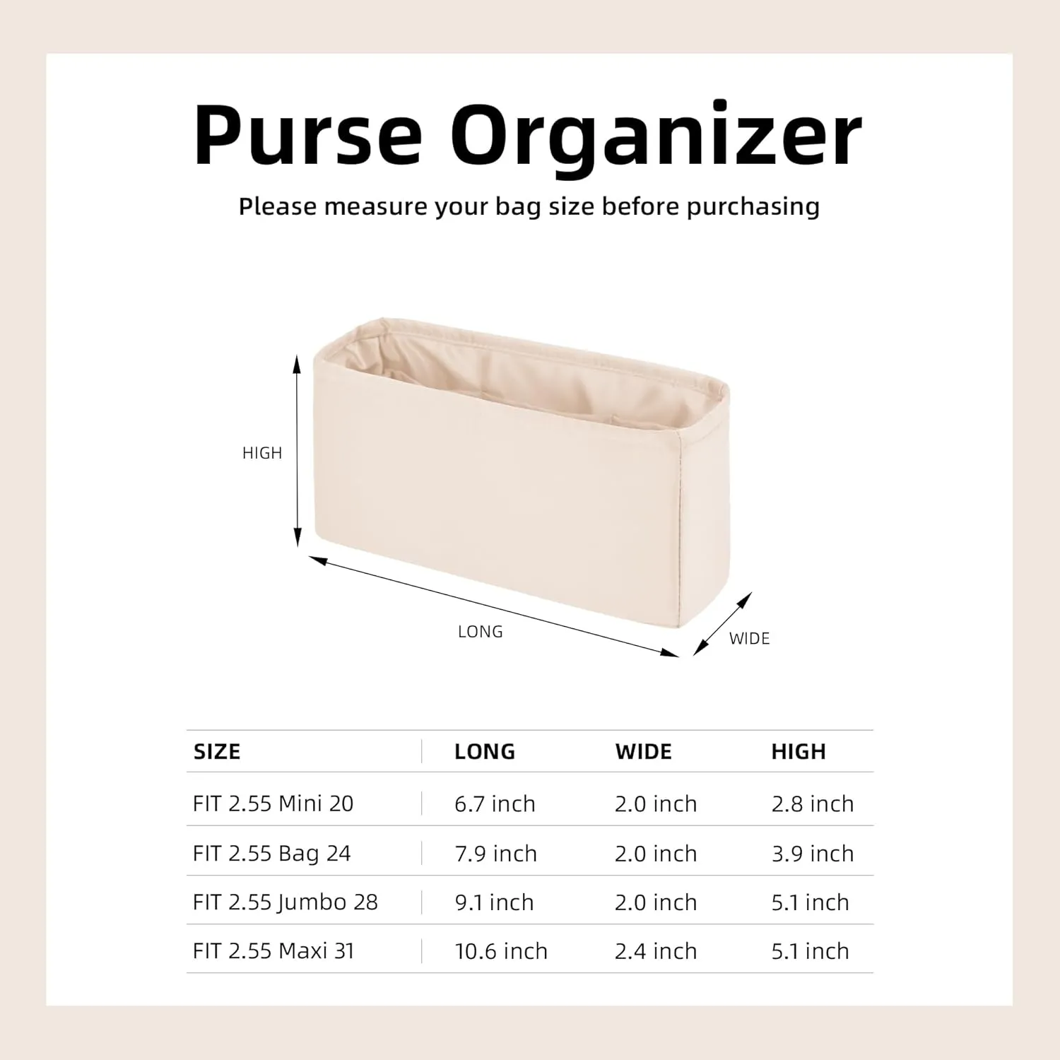 DGAZ Silk Purse Organizer Insert For Chanel 2.55 Bags,Silky Smooth Bag Organizer，Luxury Handbag & Tote Shaper(Craie,2.55 Jumbo 28)