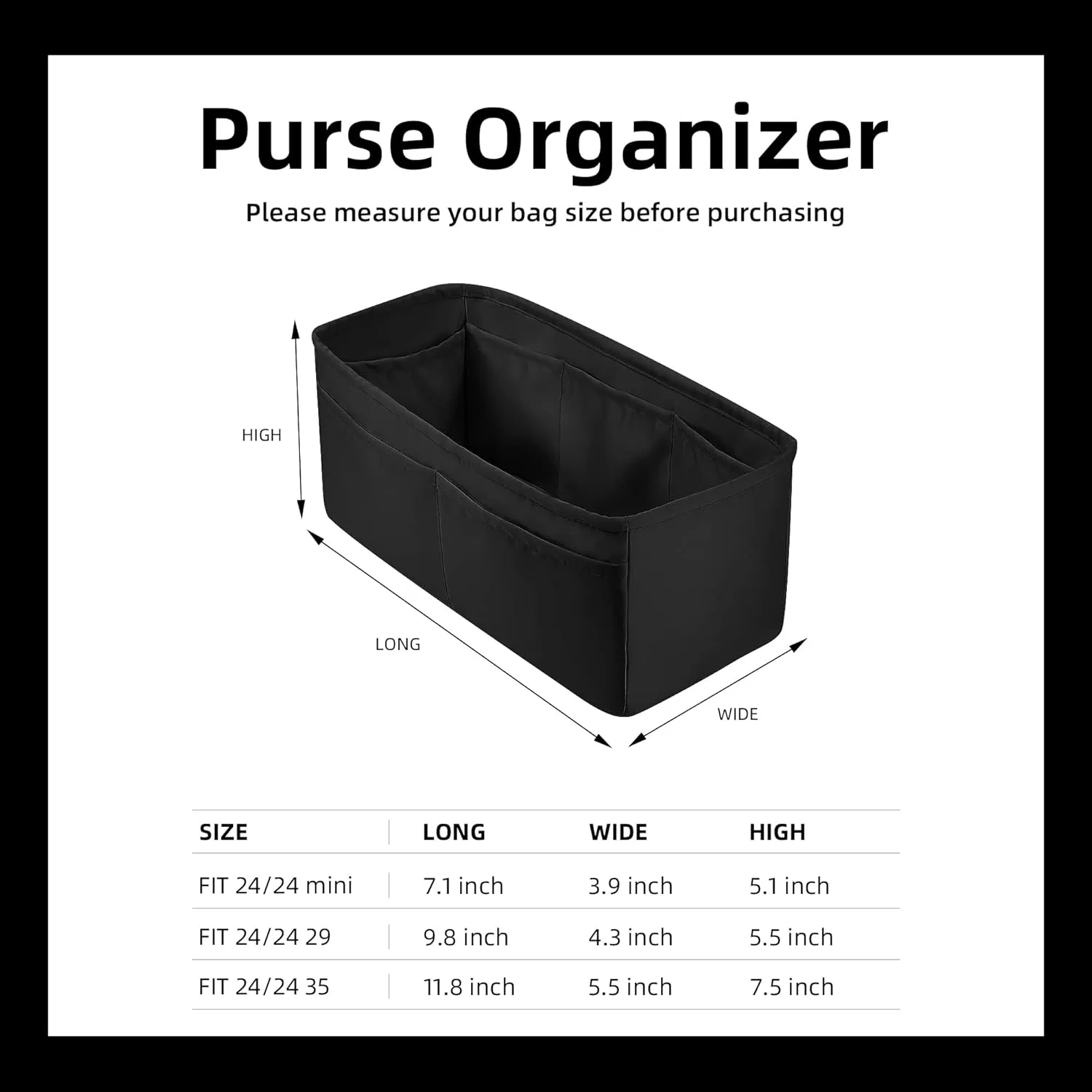 DGAZ Silk Purse Organizer Insert For Hermes 24/24 mini/29/35 Bags, Luxury Handbag & Tote Organizer, Simplicity bag organizer(Black,24/24-mini)