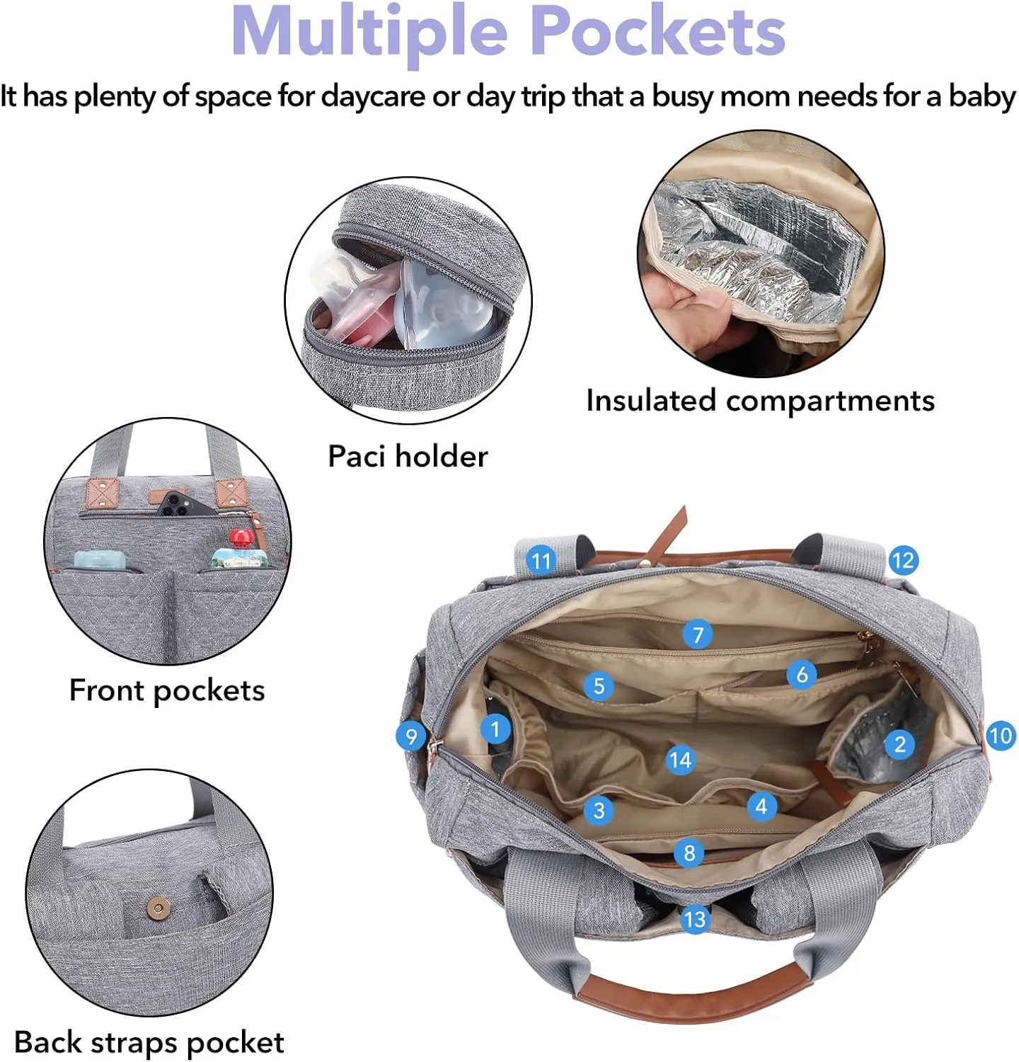 Diaper Bag Tote,Large Diaper Bag with Pacifier Case & Changing Pad,Waterproof Baby Bag with Shoulder Straps & Stroller Straps for Mom Dad