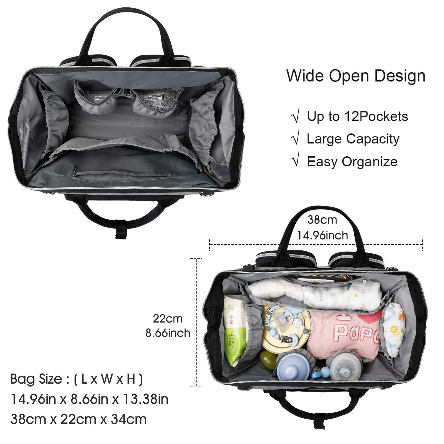 Diaper Bag Totes with Changing Pad & Stroller Straps, Large Portable Newborn Baby Bags, Unisex and Stylish Travel Diaper Backpacks for Mom and Dad (black/grey)