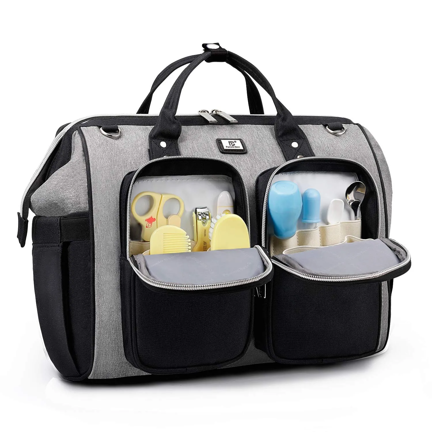 Diaper Bag Totes with Changing Pad & Stroller Straps, Large Portable Newborn Baby Bags, Unisex and Stylish Travel Diaper Backpacks for Mom and Dad (black/grey)