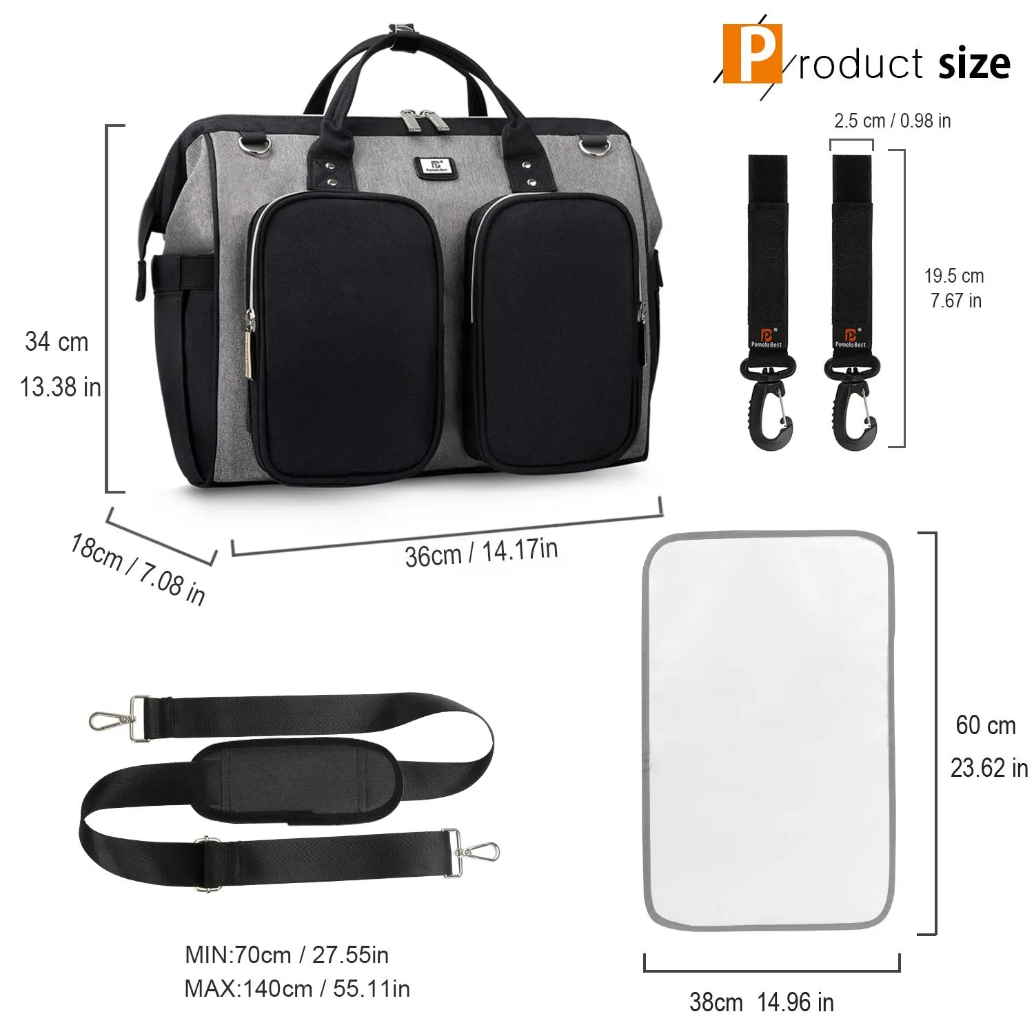 Diaper Bag Totes with Changing Pad & Stroller Straps, Large Portable Newborn Baby Bags, Unisex and Stylish Travel Diaper Backpacks for Mom and Dad (black/grey)