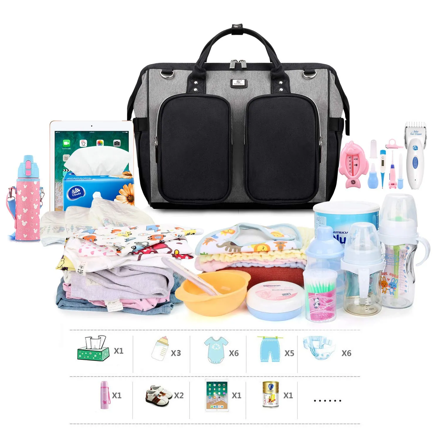 Diaper Bag Totes with Changing Pad & Stroller Straps, Large Portable Newborn Baby Bags, Unisex and Stylish Travel Diaper Backpacks for Mom and Dad (black/grey)