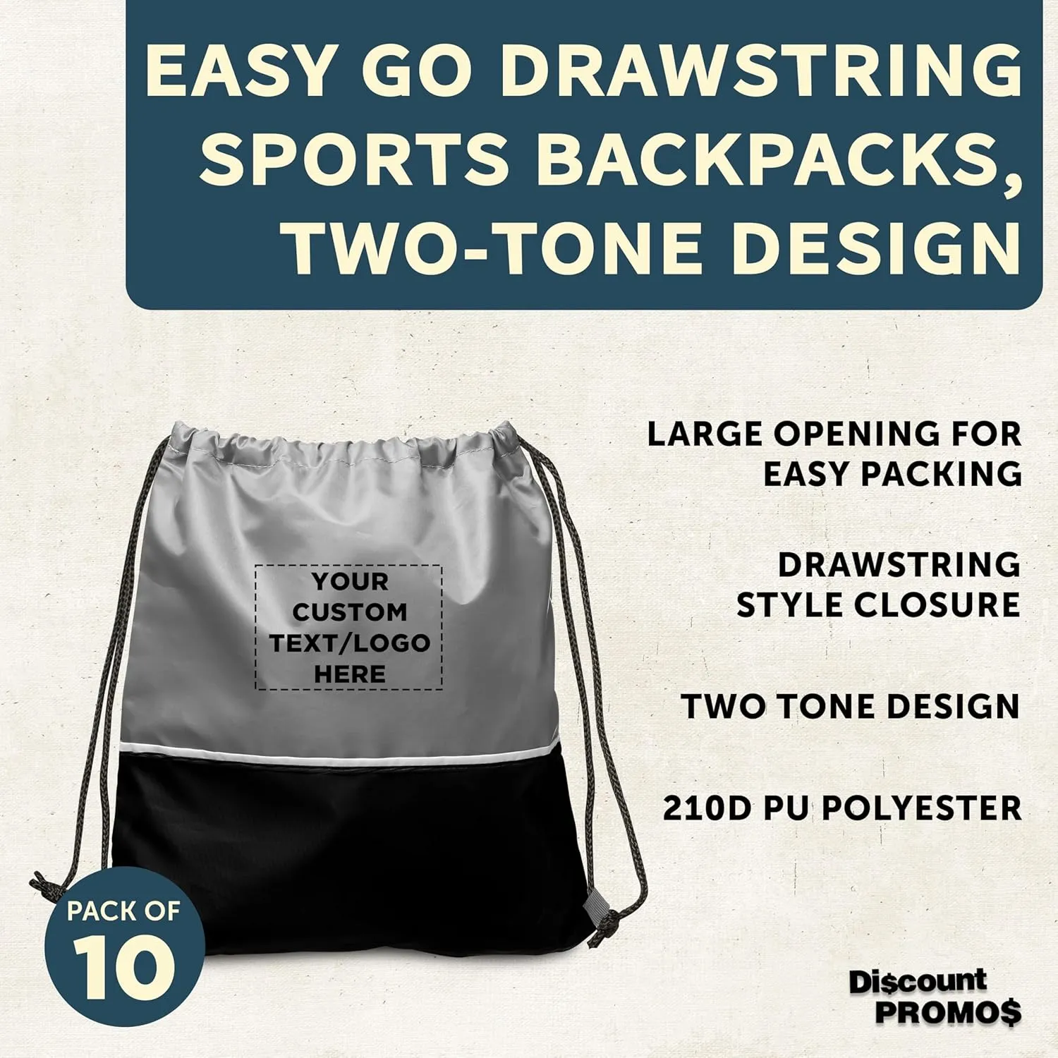 DISCOUNT PROMOS 10 Easy Go Drawstring Backpacks Set - Customizable Text, Logo - Polyester, Convenient, Innovative features, Stylish - Black