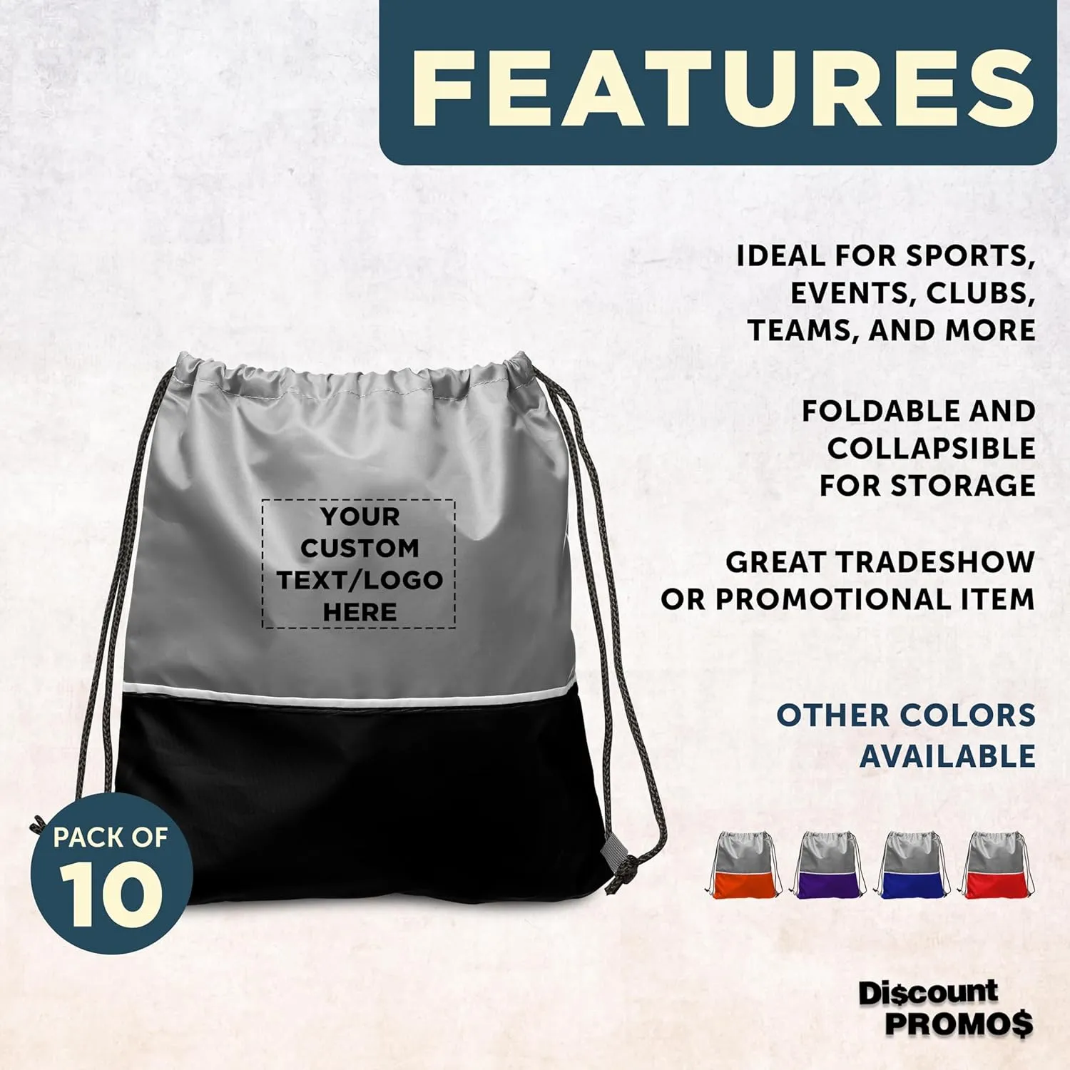 DISCOUNT PROMOS 10 Easy Go Drawstring Backpacks Set - Customizable Text, Logo - Polyester, Convenient, Innovative features, Stylish - Black