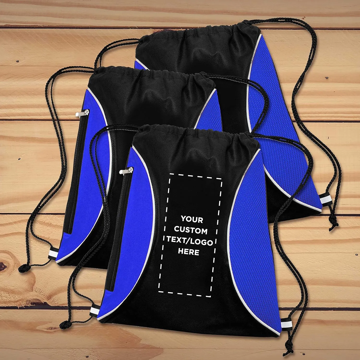 DISCOUNT PROMOS 50 Zipper Side Drawstring Backpacks Set - Customizable Text, Logo - Two tone, Minimalist, Black Ink - Blue