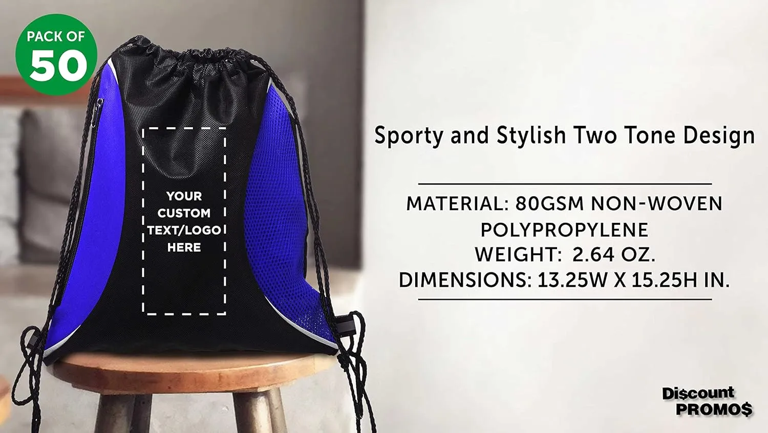 DISCOUNT PROMOS 50 Zipper Side Drawstring Backpacks Set - Customizable Text, Logo - Two tone, Minimalist, Black Ink - Blue