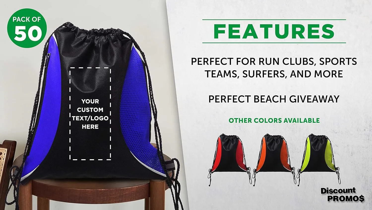 DISCOUNT PROMOS 50 Zipper Side Drawstring Backpacks Set - Customizable Text, Logo - Two tone, Minimalist, Black Ink - Blue