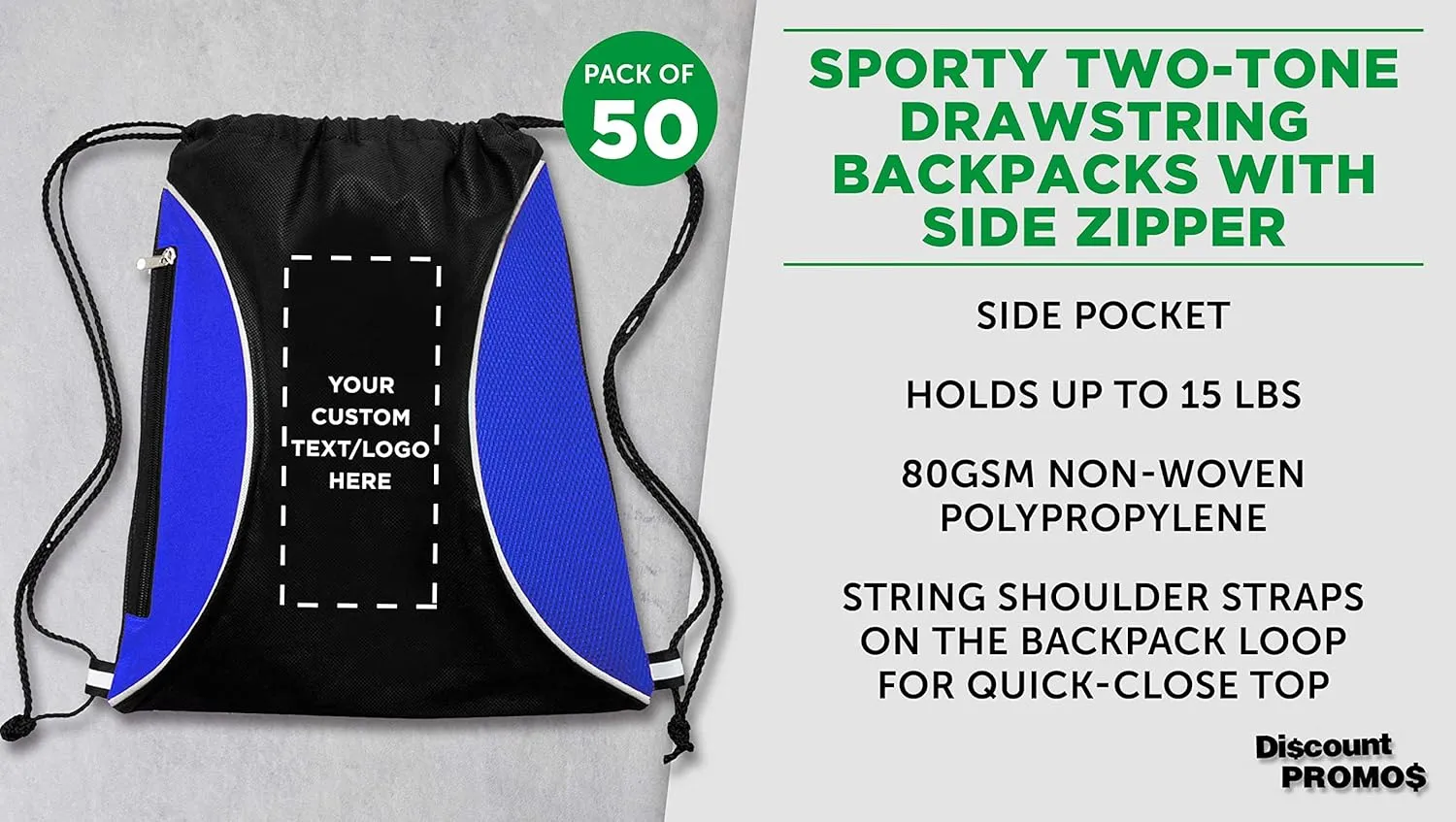 DISCOUNT PROMOS 50 Zipper Side Drawstring Backpacks Set - Customizable Text, Logo - Two tone, Minimalist, Black Ink - Blue
