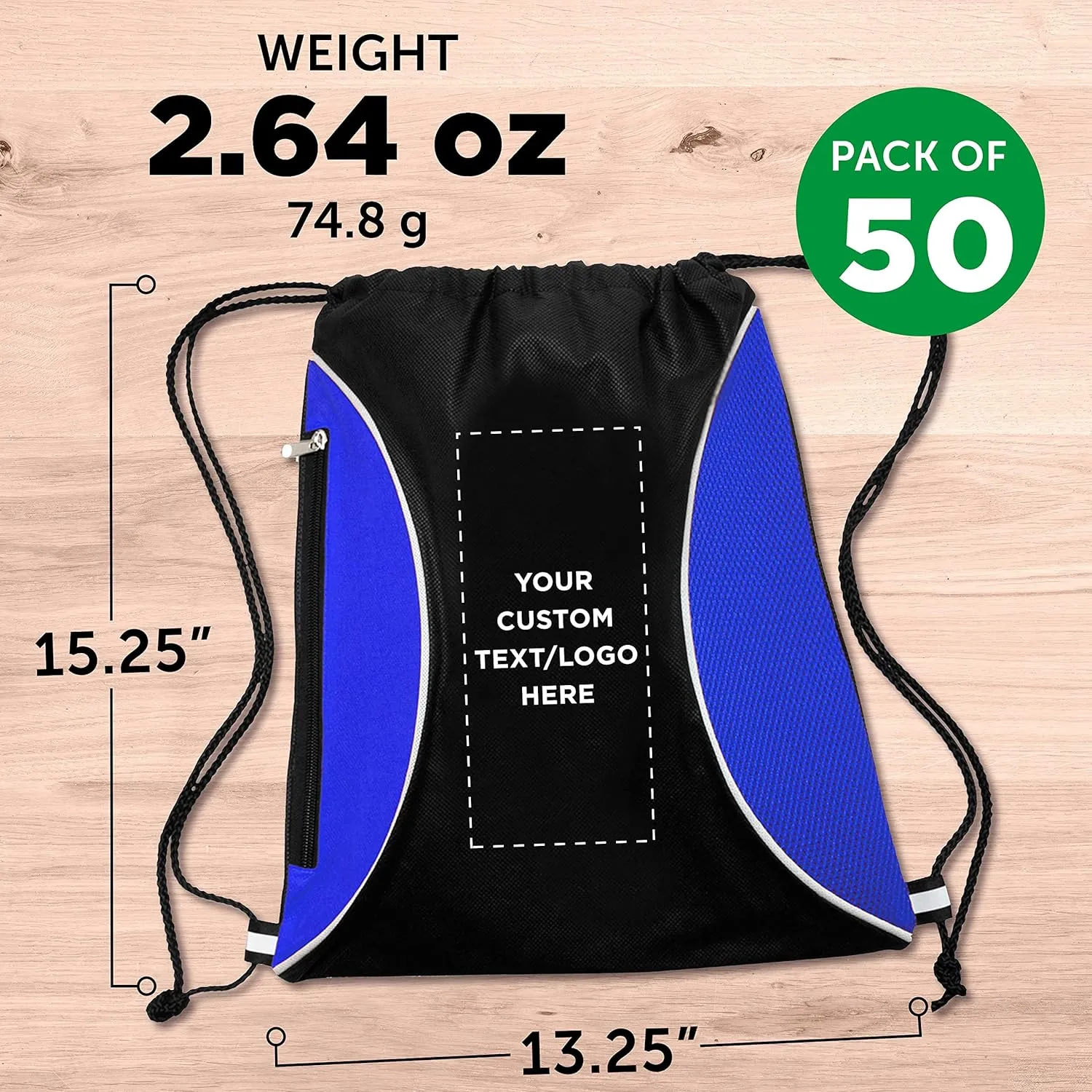 DISCOUNT PROMOS 50 Zipper Side Drawstring Backpacks Set - Customizable Text, Logo - Two tone, Minimalist, Black Ink - Blue