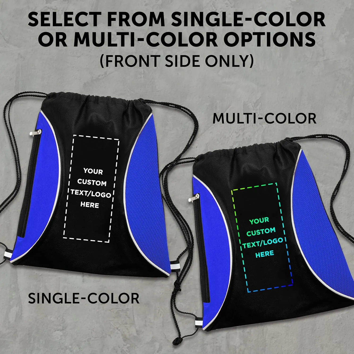 DISCOUNT PROMOS 50 Zipper Side Drawstring Backpacks Set - Customizable Text, Logo - Two tone, Minimalist, Black Ink - Blue