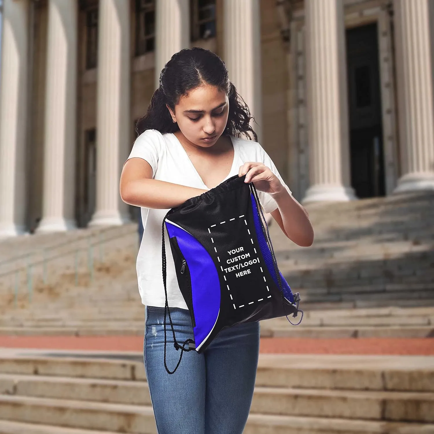 DISCOUNT PROMOS 50 Zipper Side Drawstring Backpacks Set - Customizable Text, Logo - Two tone, Minimalist, Black Ink - Blue