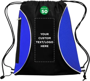 DISCOUNT PROMOS 50 Zipper Side Drawstring Backpacks Set - Customizable Text, Logo - Two tone, Minimalist, Black Ink - Blue