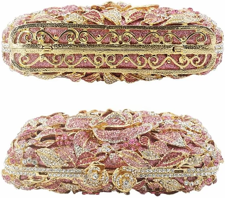 DJBM Vintage Women Floral Rhinestone Crystal Purse Rose Evening Clutch Diamond Evening Bags for Party Wedding Cocktail Prom