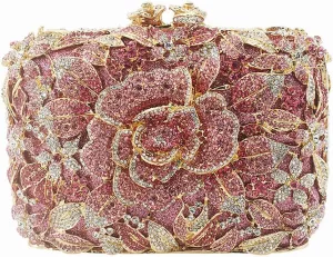 DJBM Vintage Women Floral Rhinestone Crystal Purse Rose Evening Clutch Diamond Evening Bags for Party Wedding Cocktail Prom