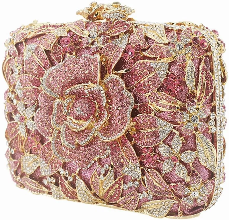 DJBM Vintage Women Floral Rhinestone Crystal Purse Rose Evening Clutch Diamond Evening Bags for Party Wedding Cocktail Prom